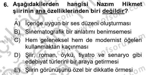 Cumhuriyet Dönemi Türk Şiiri Dersi 2016 - 2017 Yılı 3 Ders Sınav Soruları 6. Soru