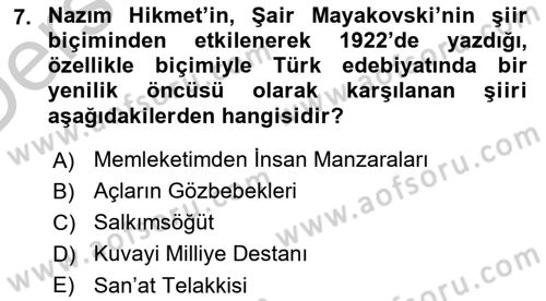 Cumhuriyet Dönemi Türk Şiiri Dersi 2016 - 2017 Yılı 3 Ders Sınav Soruları 7. Soru