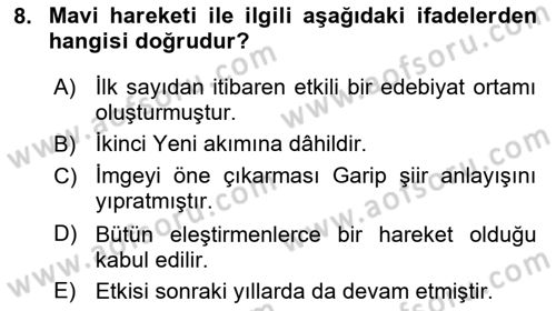 Cumhuriyet Dönemi Türk Şiiri Dersi 2016 - 2017 Yılı 3 Ders Sınav Soruları 8. Soru