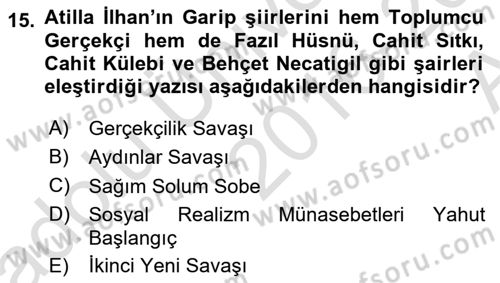 Cumhuriyet Dönemi Türk Şiiri Dersi Ara Sınavı Deneme Sınav Soruları 15. Soru