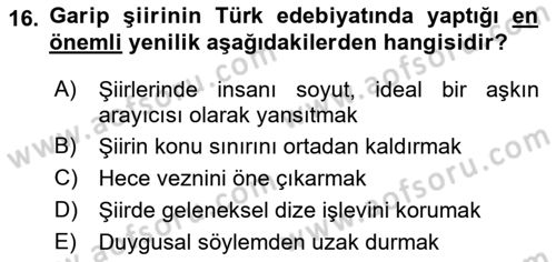 Cumhuriyet Dönemi Türk Şiiri Dersi 2016 - 2017 Yılı (Vize) Ara Sınav Soruları 16. Soru