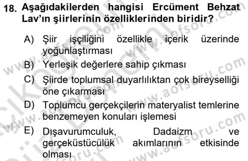 Cumhuriyet Dönemi Türk Şiiri Dersi 2016 - 2017 Yılı (Vize) Ara Sınav Soruları 18. Soru