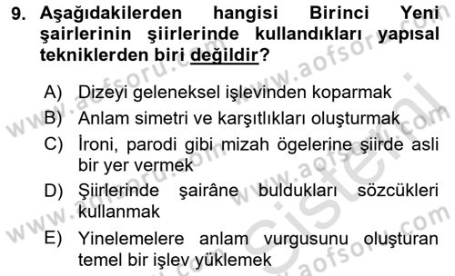Cumhuriyet Dönemi Türk Şiiri Dersi Ara Sınavı Deneme Sınav Soruları 9. Soru