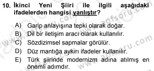 Cumhuriyet Dönemi Türk Şiiri Dersi 2016 - 2017 Yılı (Final) Dönem Sonu Sınav Soruları 10. Soru