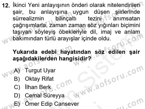 Cumhuriyet Dönemi Türk Şiiri Dersi 2016 - 2017 Yılı (Final) Dönem Sonu Sınav Soruları 12. Soru