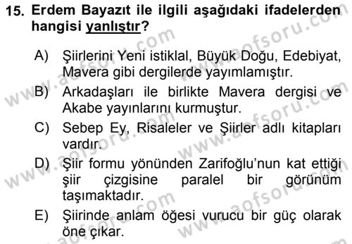 Cumhuriyet Dönemi Türk Şiiri Dersi 2016 - 2017 Yılı (Final) Dönem Sonu Sınav Soruları 15. Soru