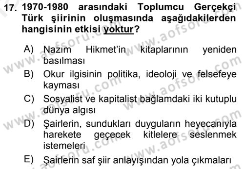 Cumhuriyet Dönemi Türk Şiiri Dersi 2016 - 2017 Yılı (Final) Dönem Sonu Sınav Soruları 17. Soru