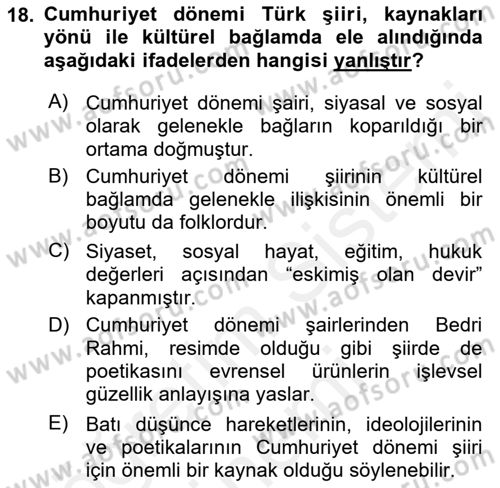 Cumhuriyet Dönemi Türk Şiiri Dersi 2016 - 2017 Yılı (Final) Dönem Sonu Sınav Soruları 18. Soru