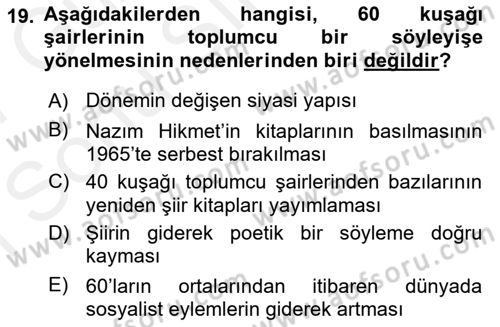 Cumhuriyet Dönemi Türk Şiiri Dersi 2016 - 2017 Yılı (Final) Dönem Sonu Sınav Soruları 19. Soru