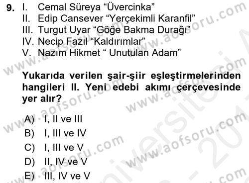 Cumhuriyet Dönemi Türk Şiiri Dersi 2016 - 2017 Yılı (Final) Dönem Sonu Sınav Soruları 9. Soru