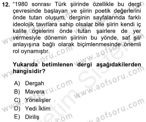 Cumhuriyet Dönemi Türk Şiiri Dersi 2017 - 2018 Yılı 3 Ders Sınav Soruları 12. Soru