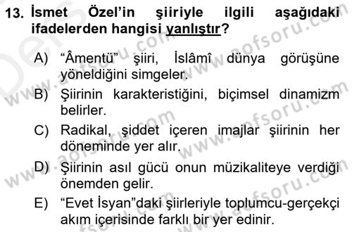 Cumhuriyet Dönemi Türk Şiiri Dersi 2017 - 2018 Yılı 3 Ders Sınav Soruları 13. Soru