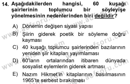 Cumhuriyet Dönemi Türk Şiiri Dersi 2017 - 2018 Yılı 3 Ders Sınav Soruları 14. Soru
