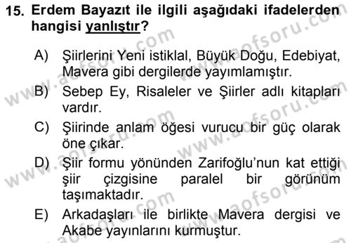 Cumhuriyet Dönemi Türk Şiiri Dersi 2017 - 2018 Yılı 3 Ders Sınav Soruları 15. Soru