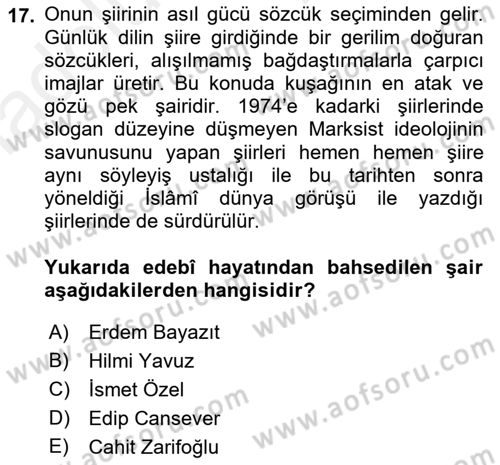 Cumhuriyet Dönemi Türk Şiiri Dersi 2017 - 2018 Yılı 3 Ders Sınav Soruları 17. Soru