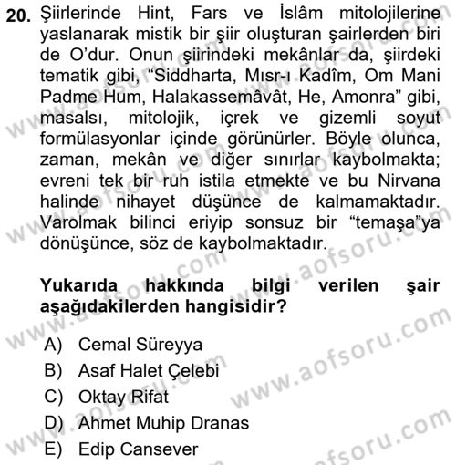 Cumhuriyet Dönemi Türk Şiiri Dersi 2017 - 2018 Yılı 3 Ders Sınav Soruları 20. Soru