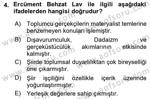 Cumhuriyet Dönemi Türk Şiiri Dersi 2017 - 2018 Yılı 3 Ders Sınav Soruları 4. Soru
