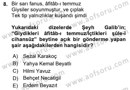 Cumhuriyet Dönemi Türk Şiiri Dersi 2017 - 2018 Yılı 3 Ders Sınav Soruları 8. Soru