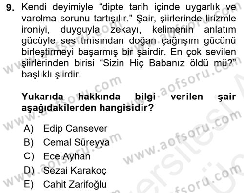 Cumhuriyet Dönemi Türk Şiiri Dersi 2017 - 2018 Yılı 3 Ders Sınav Soruları 9. Soru