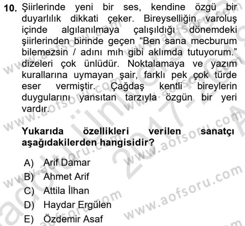 Cumhuriyet Dönemi Türk Şiiri Dersi 2017 - 2018 Yılı (Vize) Ara Sınav Soruları 10. Soru