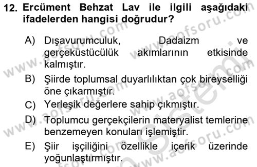 Cumhuriyet Dönemi Türk Şiiri Dersi Ara Sınavı Deneme Sınav Soruları 12. Soru