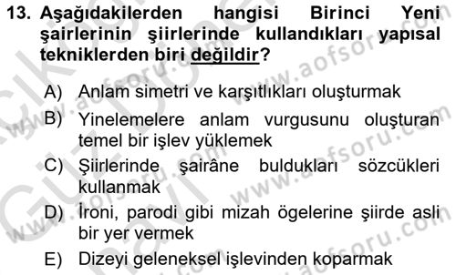Cumhuriyet Dönemi Türk Şiiri Dersi Ara Sınavı Deneme Sınav Soruları 13. Soru