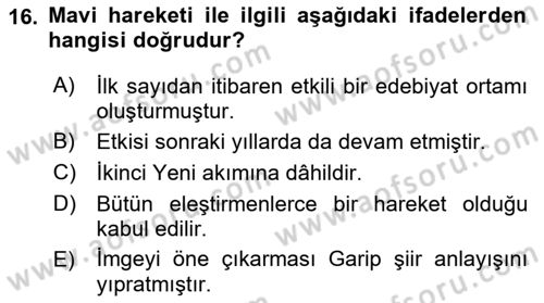 Cumhuriyet Dönemi Türk Şiiri Dersi 2017 - 2018 Yılı (Vize) Ara Sınav Soruları 16. Soru