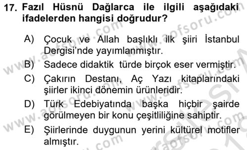 Cumhuriyet Dönemi Türk Şiiri Dersi 2017 - 2018 Yılı (Vize) Ara Sınav Soruları 17. Soru