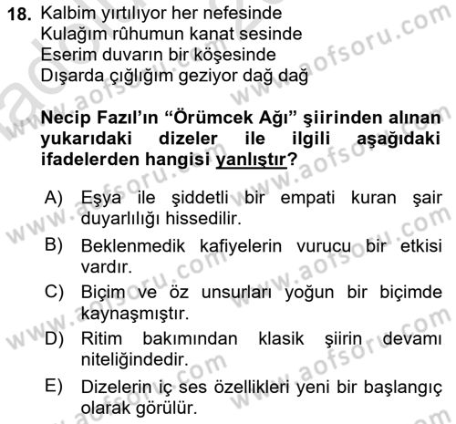 Cumhuriyet Dönemi Türk Şiiri Dersi 2017 - 2018 Yılı (Vize) Ara Sınav Soruları 18. Soru