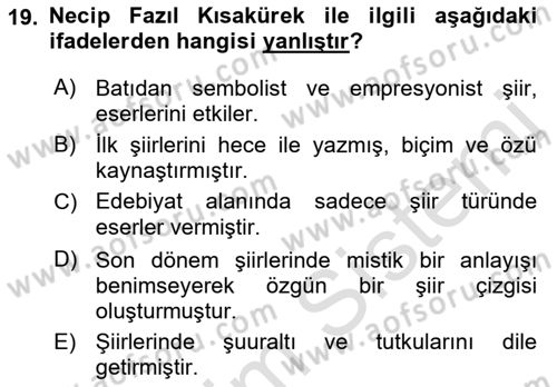 Cumhuriyet Dönemi Türk Şiiri Dersi Ara Sınavı Deneme Sınav Soruları 19. Soru