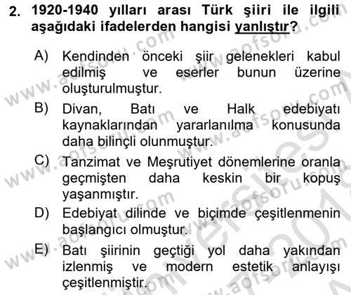 Cumhuriyet Dönemi Türk Şiiri Dersi Ara Sınavı Deneme Sınav Soruları 2. Soru