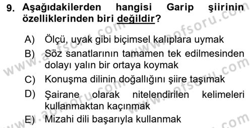 Cumhuriyet Dönemi Türk Şiiri Dersi 2017 - 2018 Yılı (Vize) Ara Sınav Soruları 9. Soru