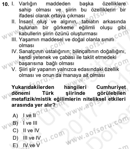 Cumhuriyet Dönemi Türk Şiiri Dersi 2017 - 2018 Yılı (Final) Dönem Sonu Sınav Soruları 10. Soru