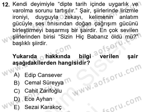 Cumhuriyet Dönemi Türk Şiiri Dersi 2017 - 2018 Yılı (Final) Dönem Sonu Sınav Soruları 12. Soru