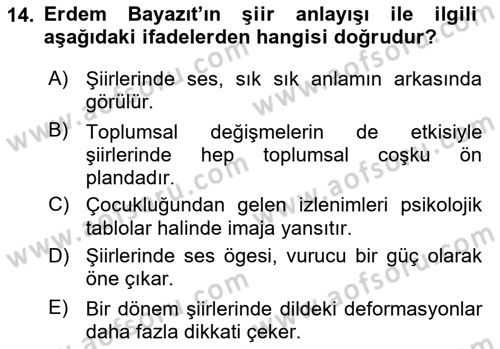 Cumhuriyet Dönemi Türk Şiiri Dersi 2017 - 2018 Yılı (Final) Dönem Sonu Sınav Soruları 14. Soru