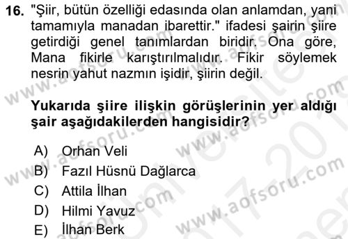 Cumhuriyet Dönemi Türk Şiiri Dersi 2017 - 2018 Yılı (Final) Dönem Sonu Sınav Soruları 16. Soru