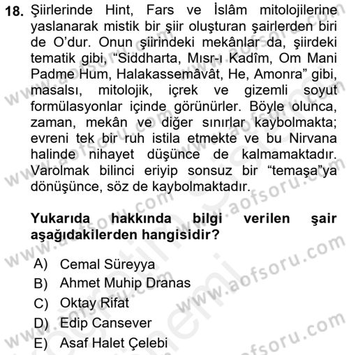 Cumhuriyet Dönemi Türk Şiiri Dersi 2017 - 2018 Yılı (Final) Dönem Sonu Sınav Soruları 18. Soru