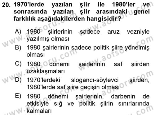 Cumhuriyet Dönemi Türk Şiiri Dersi 2017 - 2018 Yılı (Final) Dönem Sonu Sınav Soruları 20. Soru