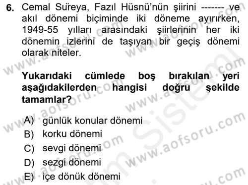 Cumhuriyet Dönemi Türk Şiiri Dersi 2017 - 2018 Yılı (Final) Dönem Sonu Sınav Soruları 6. Soru