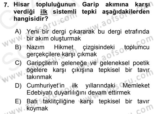 Cumhuriyet Dönemi Türk Şiiri Dersi 2017 - 2018 Yılı (Final) Dönem Sonu Sınav Soruları 7. Soru