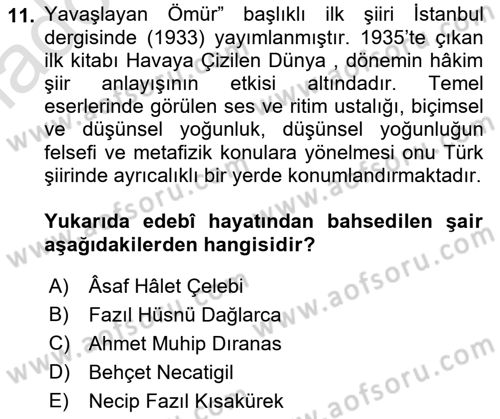 Cumhuriyet Dönemi Türk Şiiri Dersi 2018 - 2019 Yılı 3 Ders Sınav Soruları 11. Soru