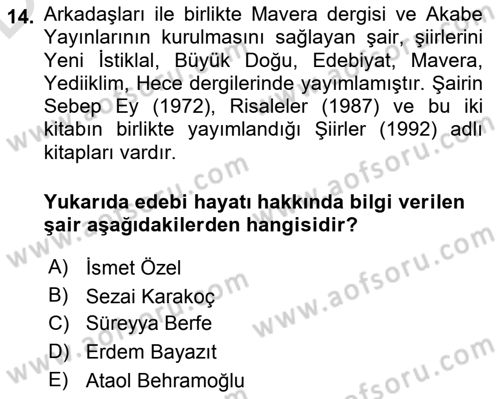 Cumhuriyet Dönemi Türk Şiiri Dersi 2018 - 2019 Yılı 3 Ders Sınav Soruları 14. Soru