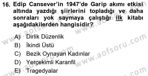 Cumhuriyet Dönemi Türk Şiiri Dersi 2018 - 2019 Yılı 3 Ders Sınav Soruları 16. Soru
