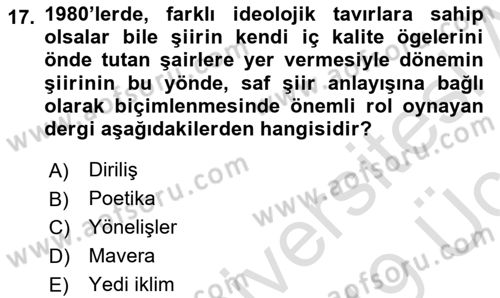 Cumhuriyet Dönemi Türk Şiiri Dersi 2018 - 2019 Yılı 3 Ders Sınav Soruları 17. Soru