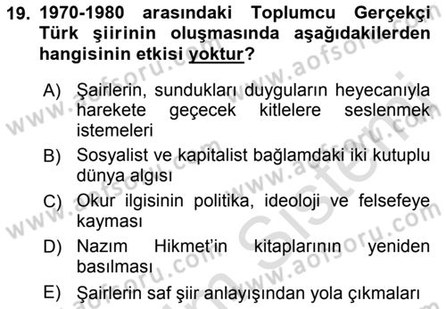 Cumhuriyet Dönemi Türk Şiiri Dersi 2018 - 2019 Yılı 3 Ders Sınav Soruları 19. Soru