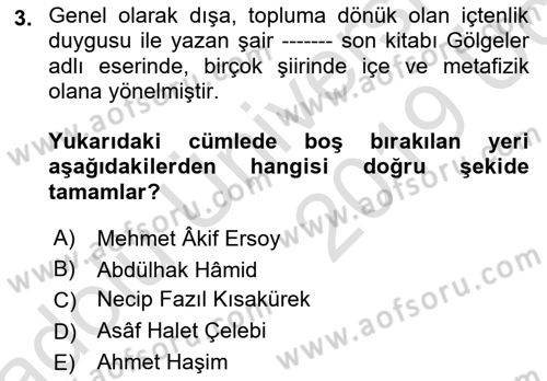 Cumhuriyet Dönemi Türk Şiiri Dersi 2018 - 2019 Yılı 3 Ders Sınav Soruları 3. Soru