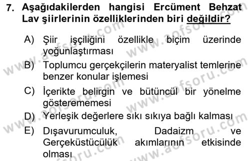 Cumhuriyet Dönemi Türk Şiiri Dersi 2018 - 2019 Yılı 3 Ders Sınav Soruları 7. Soru