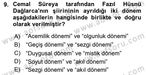 Cumhuriyet Dönemi Türk Şiiri Dersi 2018 - 2019 Yılı 3 Ders Sınav Soruları 9. Soru