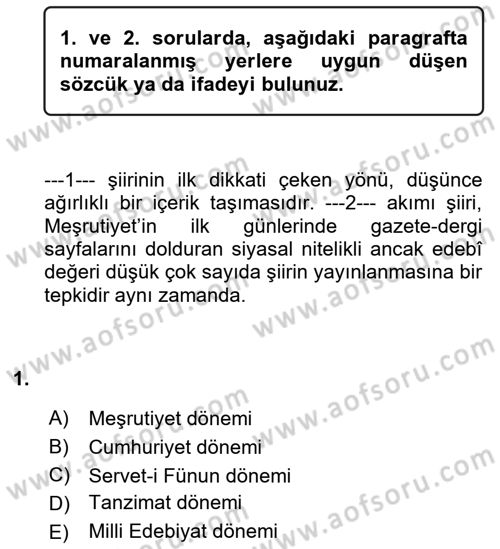 Cumhuriyet Dönemi Türk Şiiri Dersi 2018 - 2019 Yılı (Vize) Ara Sınav Soruları 1. Soru