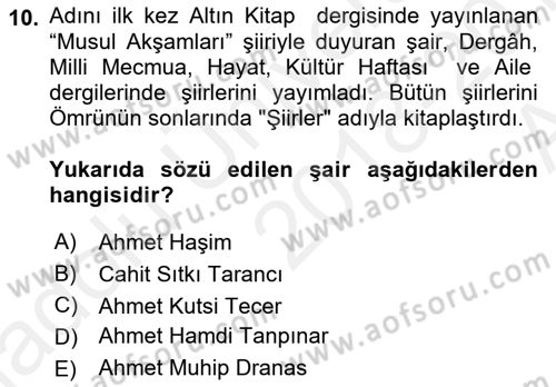 Cumhuriyet Dönemi Türk Şiiri Dersi 2018 - 2019 Yılı (Vize) Ara Sınav Soruları 10. Soru
